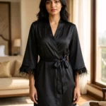 Satin robe with fethers - option 2 - Black