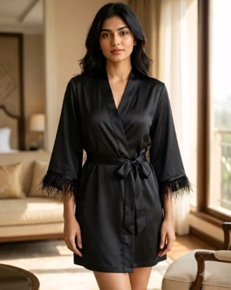 Satin robe with fethers - option 2 - Black