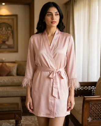 Satin robe with fethers - option 2 - Blush
