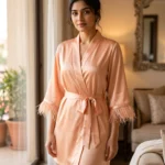 Satin robe with fethers - option 2 - Sweet Peach