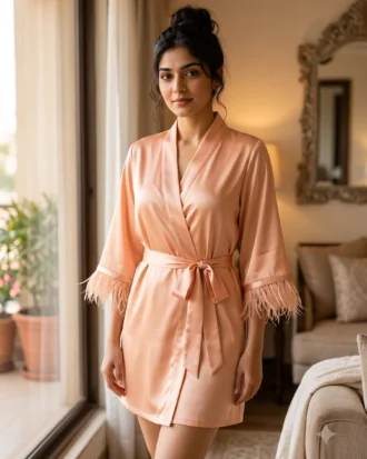 Satin robe with fethers - option 2 - Sweet Peach