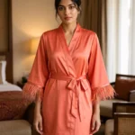 Satin robe with fethers - option 2 - Coral