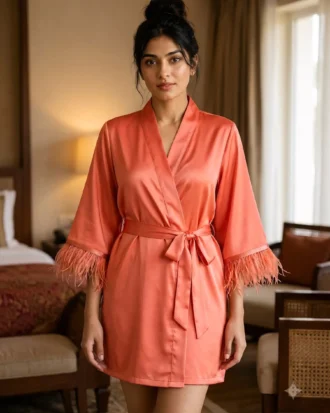 Satin robe with fethers - option 2 - Coral