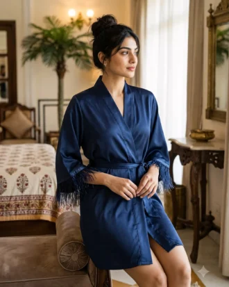 Satin robe with fethers - option 2 - Navy