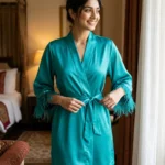 Satin robe with fethers - option 2 - Turquoise