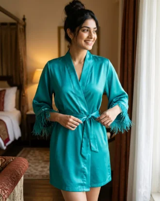 Satin robe with fethers - option 2 - Turquoise