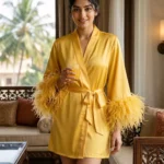Satin robe with fethers - option 2 - Sunny Yellow