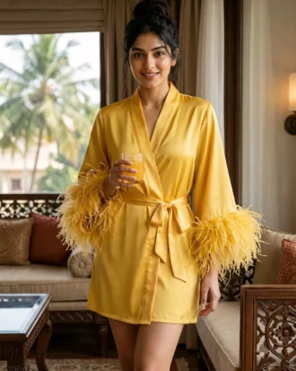 Satin robe with fethers - option 2 - Sunny Yellow