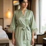 Satin robe with fethers - option 2 - Sage
