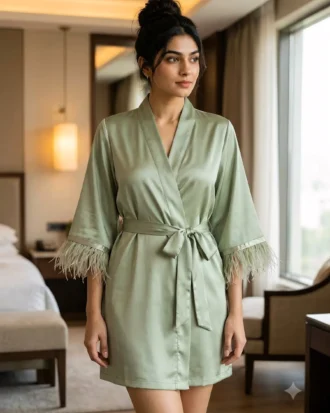 Satin robe with fethers - option 2 - Sage